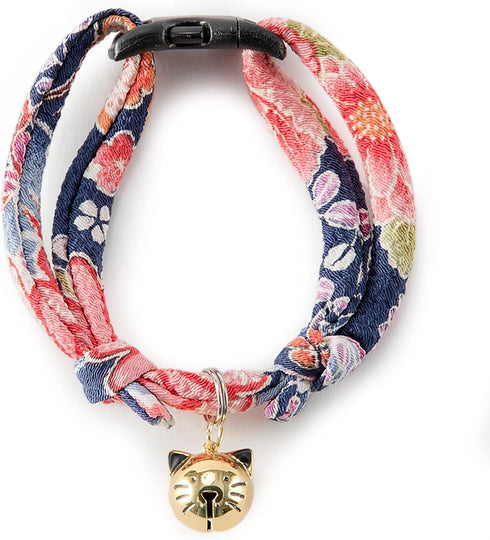 Necoichi Chirimen Hanabi Fireworks Cat Collar (Navy) with Bell - Safety Breakaway Soft Lightweight