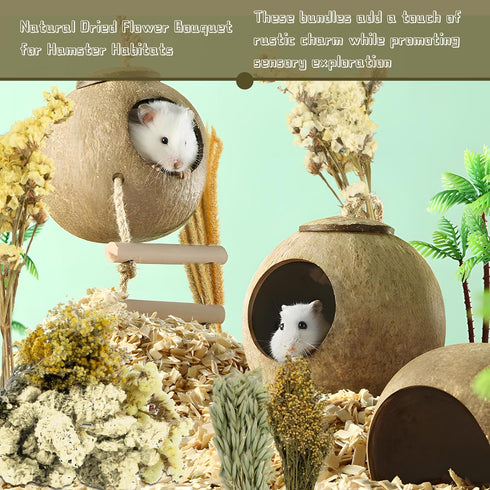 47Pcs Sukh Natural Hamster Bedding - Flower Herb Sprays Enclosure Decor & Hideout Enriching Habitat Decor, Ideal