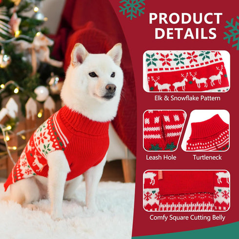 KYEESE Christmas Dog Sweater for Small Dogs - Snowflake Reindeer Design with Leash Hole, Ugly Holiday Sweater, M