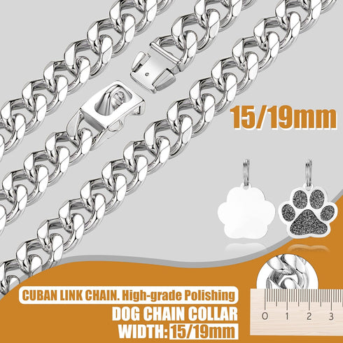 Stainless Steel Dog Chain Collar, 19mm Cuban Link with Snap Buckle and Dog Tag for Puppy Small Medium Large Dogs (24")