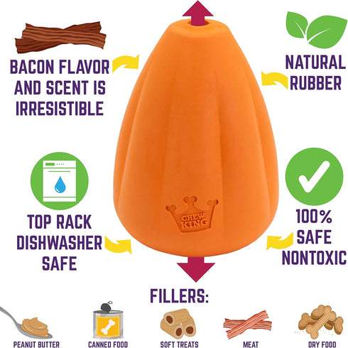 Chew King Premium Treat Dog Toy, Extremely Durable Natural Rubber, Bacon Flavored, Orange, X-Large