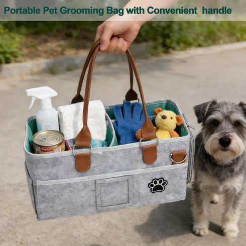 3 8 Felt Dog Grooming Bag, Pet Portable Tote Bag with Handle, Dogs Storage Organizer, Compartments Caddy with Pockets