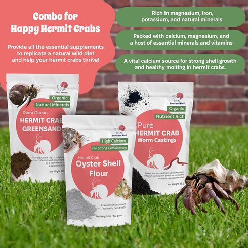 Hermit Crab Supplement Bundle Greensand, Oyster Shell Powder and Worm Castings Molting Support, Natural Calcium