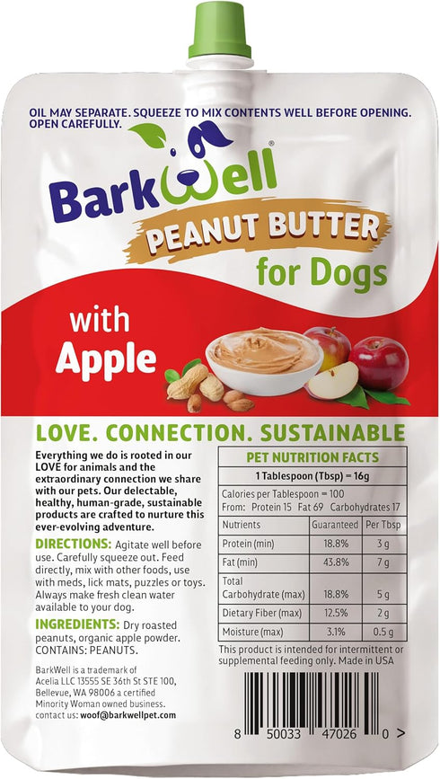 8oz BarkWell Peanut Butter Squeeze - Pouch All-Natural Dog Peanut Butter with Apple, Sourced and Made in The USA Dog
