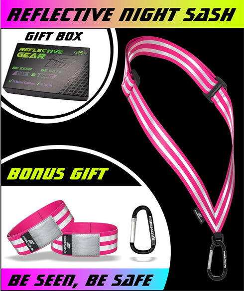 FREEMOVE Reflective SASH with 2 Bands - or - Reflective Runners Waist Belt with 4 Arm Bands > Easy to Put On/Off Reflective Gear for Guaranteed Visibility & Safety for Dog Walking, Running, Cycling
