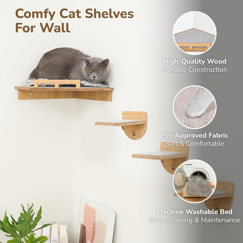 45LBS 3 Cat Wall Shelves with Non-Slips Steps, Space-Saving Mounted Cats Walls Furniture & Shelf with Washable Cushion
