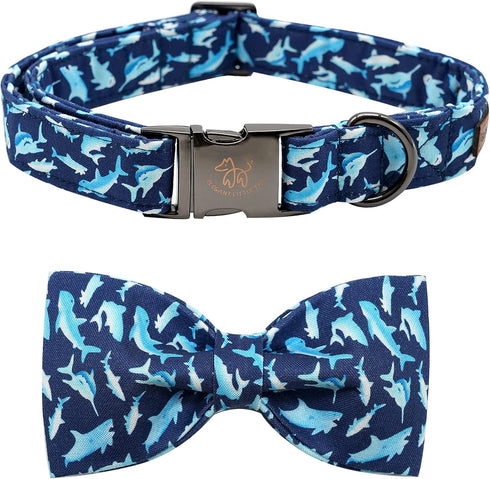 Elegant Little Tail Dog Collar with Bow, Shark Print Adjustable Cute Bowtie for Large Dogs