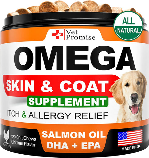 Omega 3 for Dogs - Skin and Coat Supplement, Fish Oil Chews for Allergy Relief, Anti-Shedding, Dry Skin Treatment - 120