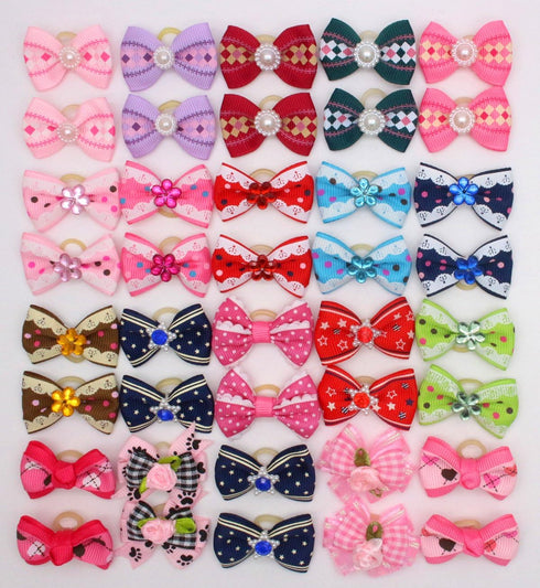 YOY 40pcs Grosgrain Ribbon Pet Dog Hair Bows - 20 Pairs with Rubber Bands - Grooming Accessories for Puppy & Kitty