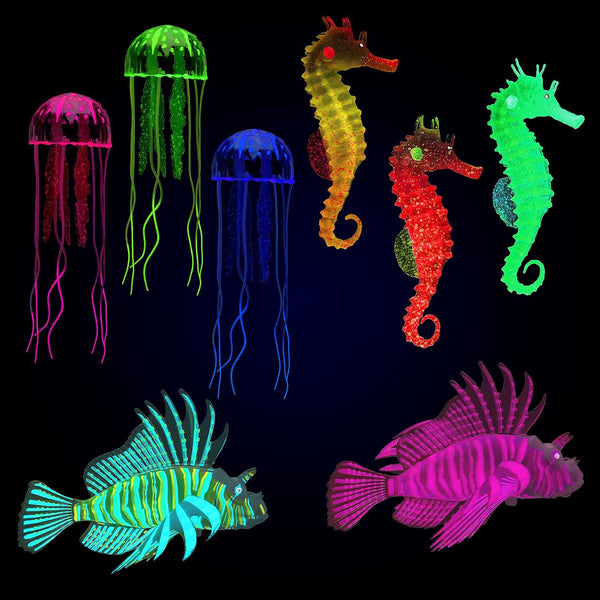 8 Pieces Luminous Aquarium Decorations with Glowing Jellyfish, Artificial Jellyfish, Fluorescent Lionfish, Seahorse