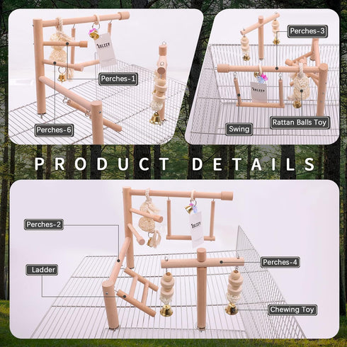 Set-Birdcage QBLEEV Bird Cage Play Stand Toy Wood Stands Hanging Chew Toys Ladder Swing Parrot Perch Play Gym