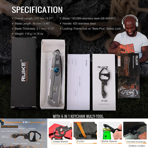 men,14C28N Lock,G10 p108 Tactical Folding Pocket Knife for Stainless Steel Blade,Frame Handle,EDC Small Camping Knives
