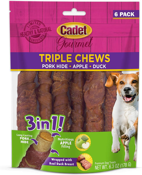 Cadet Gourmet Triple Chews Long-Lasting Pork Hide Sticks with Apple and Duck,