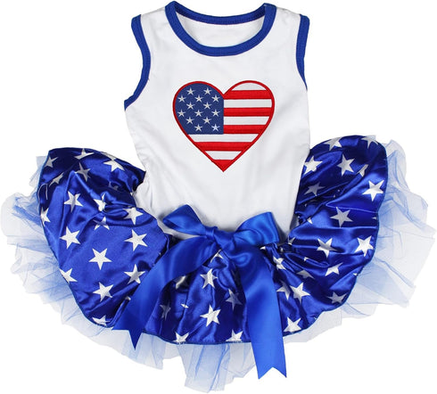 Petitebella USA Heart Puppy Dog Dress, Medium, White/Blue Stars