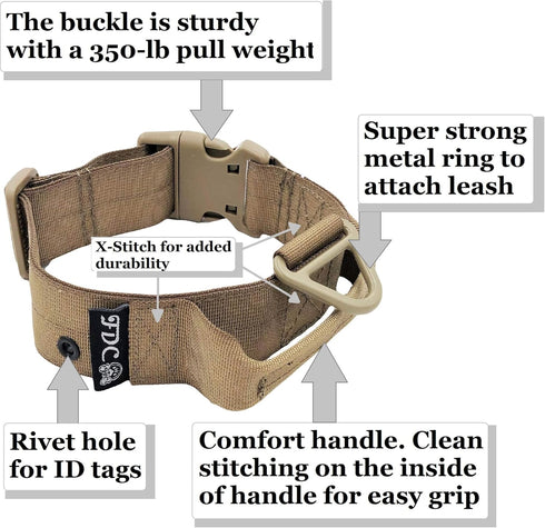 Heavy Duty Dog Tactical Collar with Handle - 1.5in Width Training Military Army TAG Hole for Medium Large (L: Neck 14"
