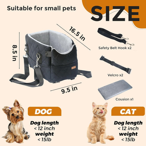 Center Console Dog Car Seats for Small Dogs Cats with Adjustable Safety Belt Multipurpose Pet Booster Seat