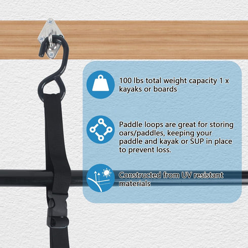 Kayak Storage Straps with Carabiner Paddle Clips, Adjustable Double Sling for Indoor/Outdoor Kayak & Surfboards
