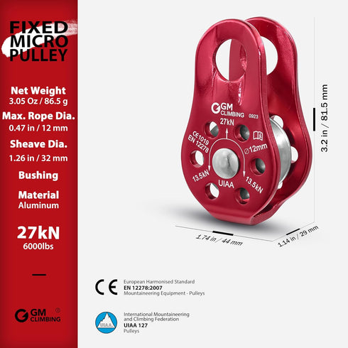 GM CLIMBING Fixed Micro Pulley 27kN CE UIAA Certified for Slack Tending