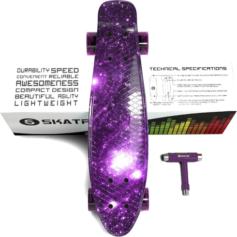Skatro Mini Cruiser Skateboard - 22x6 Inch Retro Style Plastic Board Comes Complete for Kids and Beginners.