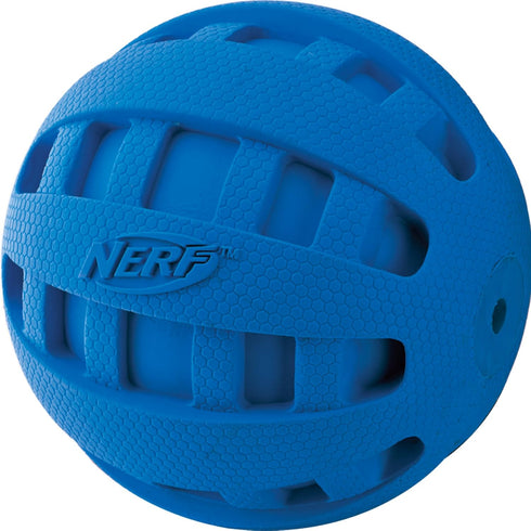 Nerf Dog Blue Rubber Ball Toy with Checkered Squeaker, Lightweight, Durable, Water Resistant, 4 Inch Diameter, Single