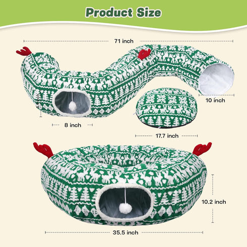 Petrendy Cat Tunnel Bed, Cute Cat Tunnels for Indoor Cats with Washable Mat, Hanging Ball, Collapsible Play Tunnel, Pet
