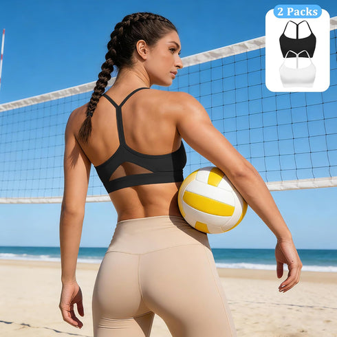 2 Pack Racerback Sports Bras - Padded Yoga Workout Tops with Mesh Panel