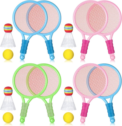 Wettarn 8 Pcs Plastic Kids Tennis Racket Set with 4 Tennis Balls and 4 Shuttlecocks for Outdoor Sports Gifts