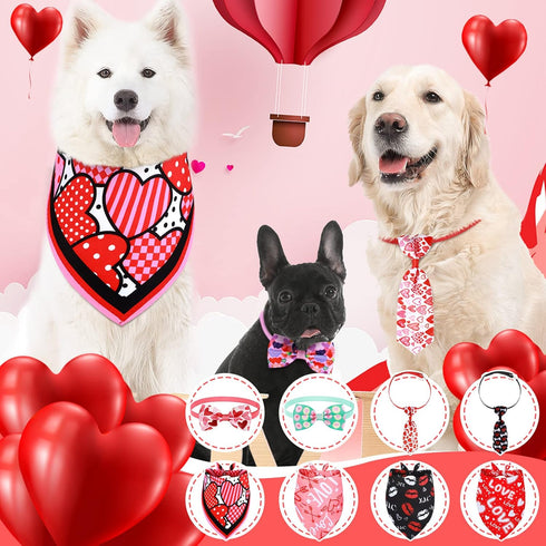 24 Pcs Valentine's Day Dog Bow Set with 10 Pcs 4th of July Dog Bow Ties, 10 Pcs Dog Neckties, 4 Dog Bandanas, Pet