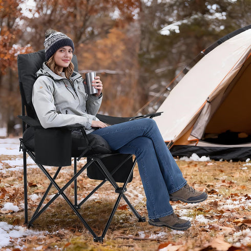 BALAPET Folding Padded Camping Chair with Cushion, Large Padded Outdoor Chair with Cup Holder Storage and Cooler Bag