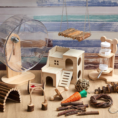Sonwyoung 18 Set, 10 Set Pcs Hamster Toys Kinds Small Animal Chewing Toys, Maze Wood House, Silent Exercise Running