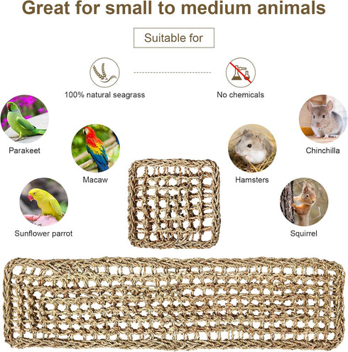 SMICEM 2Pcs 2 Sizes29.53x6.89 &7.48x7.48 Inches Natural Sea Grass Parrot Mat - Foraging Chew Wall Toy with Climbing