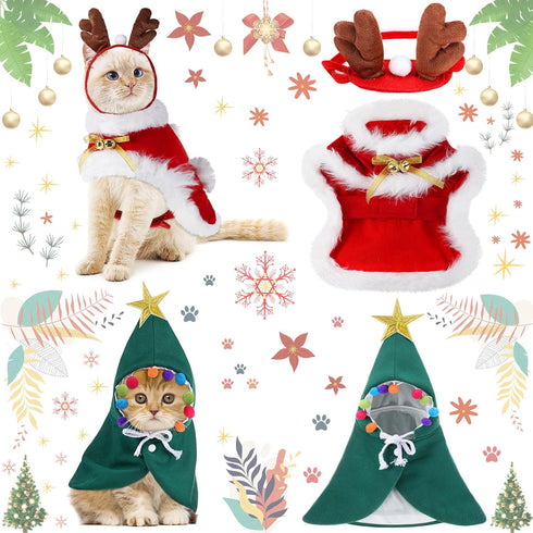 3 Pieces Christmas Pet Costumes Set, Includes Puppy Cat Cloak with Star, Pompoms, Antlers Headband, Santa Cape
