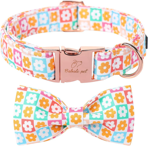 Dog Collar for Spring and Summer, Adjustable Cotton Collar with Bow and Safety Metal Buckle for Small, Medium, Large