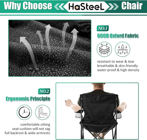 275lbs HaSteeL Camping Chair, Oversized Folding Lawn Chair for Adults, Foldable Camp Chair with Cup Holders Portable