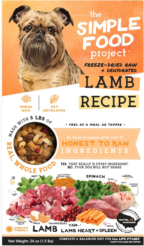 Simple Food Project - Lamb Recipe, Freeze Dried Raw Food for Dogs, 24oz
