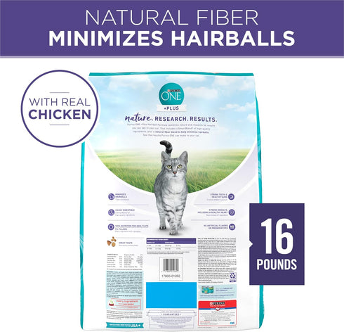 Purina ONE Natural Cat Food for Hairball Control, +PLUS Hairball Formula, 16 lb Bag