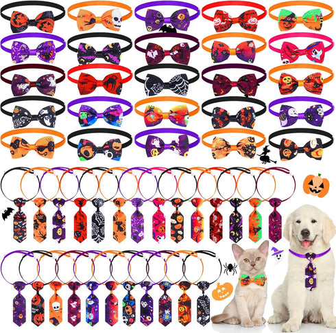 50 Pcs Halloween Dog Bow Ties Adjustable Cat Bow Ties Neckties Set for Halloween Dogs Cat Decoration Supplies (Ghost)