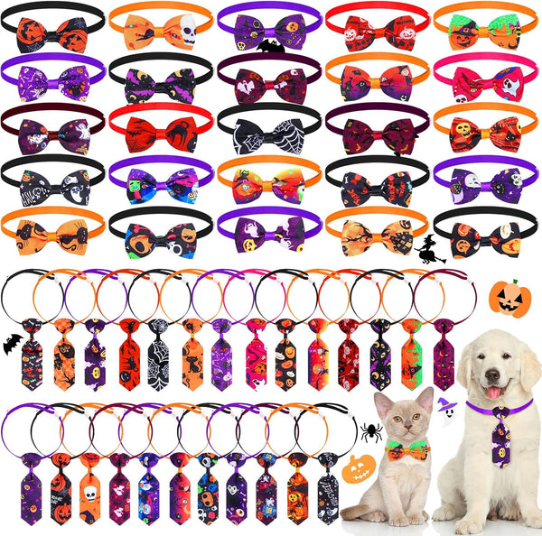 50 Pcs Halloween Dog Bow Ties Adjustable Cat Bow Ties Neckties Set for Halloween Dogs Cat Decoration Supplies (Ghost)