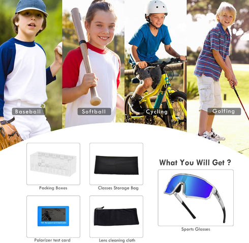 Kids Polarized Sports Sunglasses, Youth Baseball Sunglasses, UV400 Protection Glasses for Boys Girls Softball Cycling.