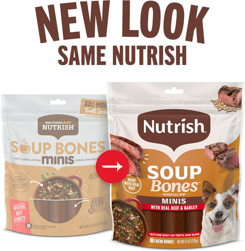 8 6.3 oz Pack 7 Nutrish Soup Bones Minis Premium Dog Chews with Real Beef and Barley, Chew Bones, Pouch