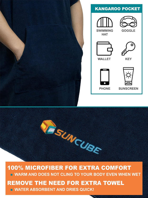 SUN CUBE Surf Poncho Changing Robe with Hood | Absorbent Quick Dry Microfiber Wetsuit Changing Towel with Pocket