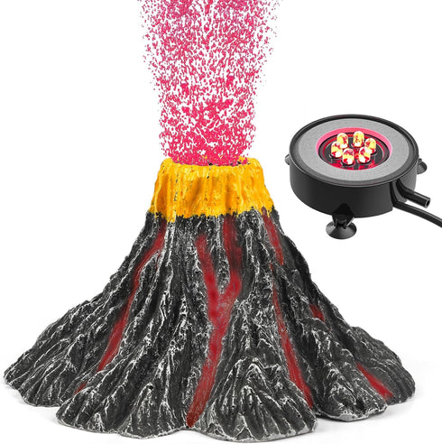 Uniclife Aquarium Volcano Ornament Kit with Air Stone Bubbler and Red LED Light for Fish Tank Decoration