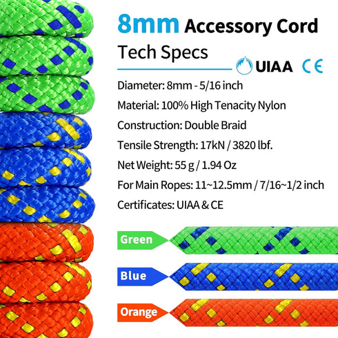 Prusik Cord 8mm (5/16in) 20M(65ft) Accessory Double Braid Pre Cut Nylon Rope for Climbing