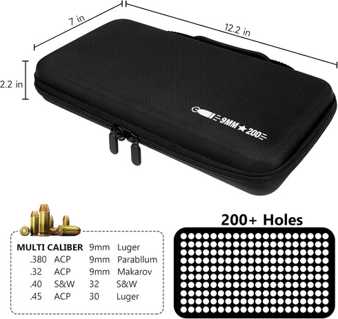 200 Round 9MM Ammo Case, Bullet Storage Box Compatible with 9mm Luger, 45 ACP, 380 ACP, Locking Travel Safe