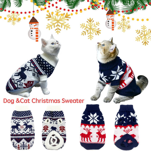 Vehomy 2Pcs Pet Puppy Christmas Sweaters, Navy Blue and Christmas White Knitwear with Reindeers Snowflakes Pattern