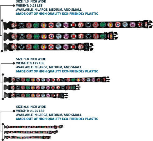 Buckle-Down Dog Collar Plastic Clip Buckle, 9-Avenger Icons Black/Multi Color, 1" x 15-26 Inches