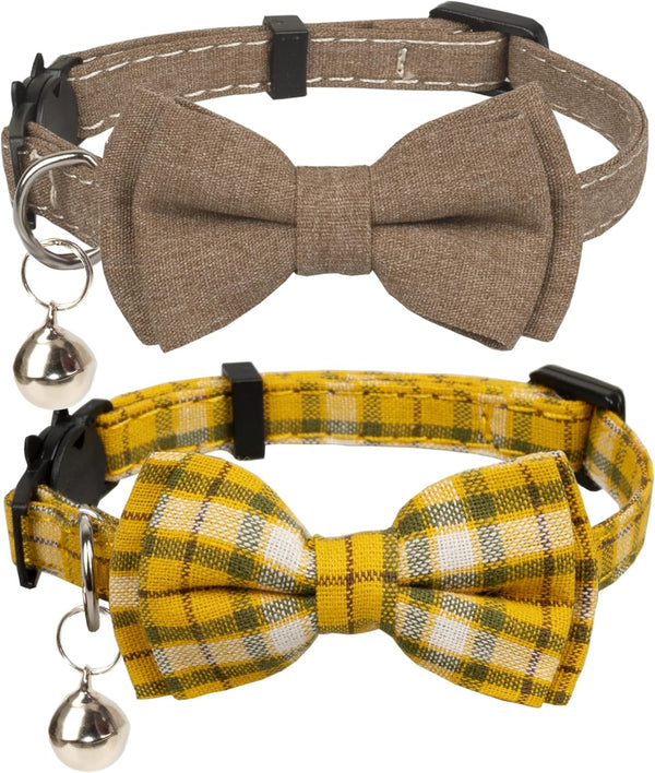 Breakaway Cat Collar with Bowtie Safety Bell - Adjustable Solid Plaid Color Set D, 2pcs, Brown for Kittens