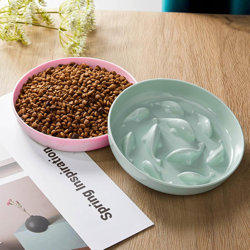 2 Pcs Cat Slow Feeder Bowl, Fun Interactive Cat Dish for Healthy Eating, Dishwasher Safe, Green, Pink
