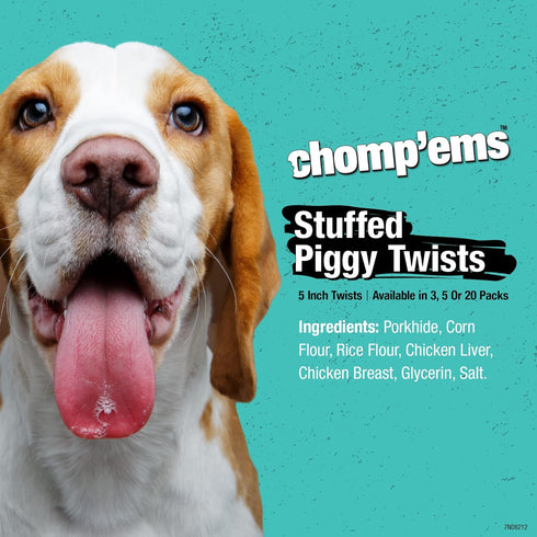 12 Pack Chomp'ems All Natural Smoked Pork Stuffies Dog Treats with Real Liver, - Healthy, Protein Rich Treats for Dogs