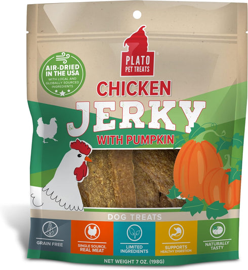 PLATO Pet Treats Air Dried, Real Meat Chicken Jerky with Pumpkin, Grain Free, 7oz, Made in The USA